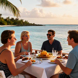 Caribbean Holidays, Bahamas Tours, Travellers enjoying a relaxed evening meal at a waterfront restaurant in The Bahamas, with local seafood and sunset light