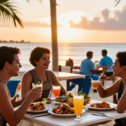 Caribbean Holidays, Bahamas Tours, Travellers enjoying an outdoor Bahamian restaurant at sunset, with fresh seafood, tropical drinks and relaxed island atmosphere