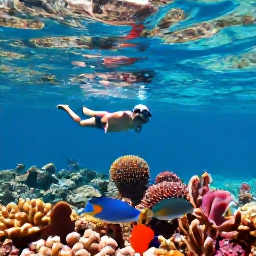 Caribbean Holidays, Bahamas Tours, Travellers snorkelling above a colourful coral reef with tropical fish in clear Bahamian sea, viewed from the surface