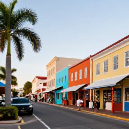 Caribbean Holidays, Bahamas Tours, Visitors exploring colourful streets and historic buildings in Nassau, with palm trees and local shops in warm afternoon light