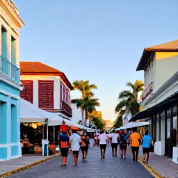 Caribbean Holidays, Bahamas Tours, Visitors walking through historic Nassau streets past pastel buildings, a lively market and colonial architecture in warm afternoon light