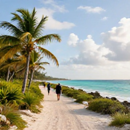 Caribbean Holidays, Bahamas Walking Holidays, A bright February morning on a quiet sandy trail beside turquoise water in The Bahamas, with palm trees and walkers exploring the coastline