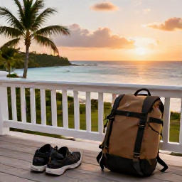 Caribbean Holidays, Bahamas Walking Holidays, A comfortable seaside hotel terrace in the Bahamas at sunset, with walking shoes, a daypack and tropical sea views
