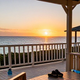 Caribbean Holidays, Bahamas Walking Holidays, A comfortable seaside terrace overlooking a Bahamian sunset, with walking shoes and a water bottle nearby