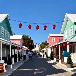 Caribbean Holidays, Bahamas Walking Holidays, A friendly Bahamian village street decorated for Christmas, with colourful houses, local shops and visitors walking in December sunshine