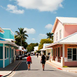 Caribbean Holidays, Bahamas Walking Holidays, A friendly Bahamian village street with pastel buildings, local shops and walkers exploring in warm August weather