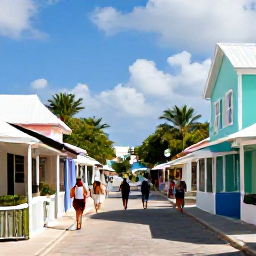 Caribbean Holidays, Bahamas Walking Holidays, A friendly Bahamian village street with pastel buildings, local shops and walkers exploring in warm July sunshine