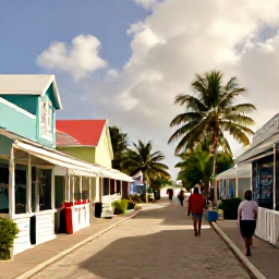 Caribbean Holidays, Bahamas Walking Holidays, A friendly Bahamian village street with pastel buildings, local shops, palm trees and walkers exploring in warm November sunshine
