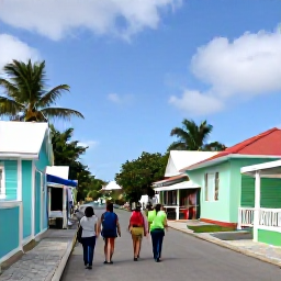 Caribbean Holidays, Bahamas Walking Holidays, A friendly local guide leading walkers through a colourful Bahamian village street with pastel houses and a small caf&eacute;