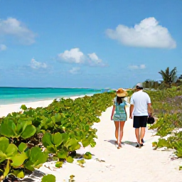 Caribbean Holidays, Bahamas Walking Holidays, A friendly walker following a sandy coastal path beside turquoise water and low green vegetation in the Bahamas in October