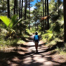 Caribbean Holidays, Bahamas Walking Holidays, A hiker on a shaded nature trail through pine forest on Grand Bahama, with palms, native plants and dappled March sunlight
