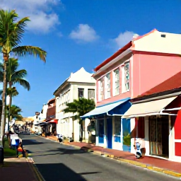 Caribbean Holidays, Bahamas Walking Holidays, A historic street in Nassau, Bahamas, with colourful colonial buildings, local shops, palm trees and visitors exploring on foot