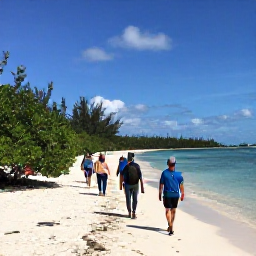 Caribbean Holidays, Bahamas Walking Holidays, A knowledgeable local guide walking with visitors along a Bahamian shoreline near mangroves and calm blue sea