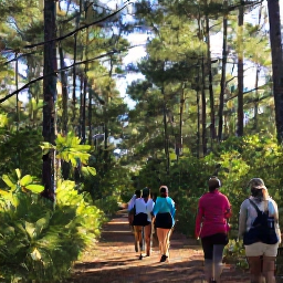 Caribbean Holidays, Bahamas Walking Holidays, A nature trail through Bahamian pine forest and mangroves, with walkers observing native birds in warm winter sunlight