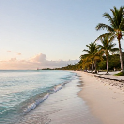 Caribbean Holidays, Bahamas Walking Holidays, A peaceful beach walk at sunrise on a Bahamian island, with clear water, pale sand and scattered palm trees
