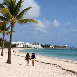 Caribbean Holidays, Bahamas Walking Holidays, A peaceful beach walk in Nassau with palm trees, pale sand, calm blue sea and historic buildings in the background