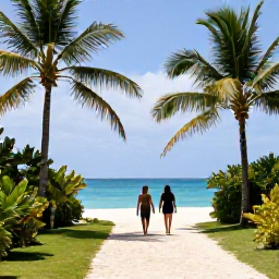 Caribbean Holidays, Bahamas Walking Holidays, A peaceful coastal path on a quiet Bahamian island with walkers, palm trees and a wide blue sea