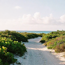 Caribbean Holidays, Bahamas Walking Holidays, A peaceful sandy trail beside turquoise sea and low green vegetation in the Bahamas in November, with soft morning sunlight