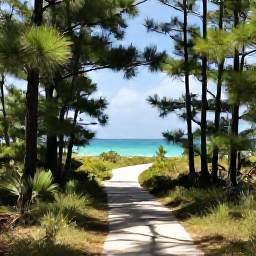 Caribbean Holidays, Bahamas Walking Holidays, A peaceful walking trail through pine forest and coastal landscape on Grand Bahama Island, Bahamas, with sunlight filtering through trees