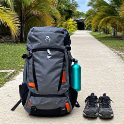 Caribbean Holidays, Bahamas Walking Holidays, A prepared daypack, water bottle and walking shoes beside a tropical trail in the Bahamas