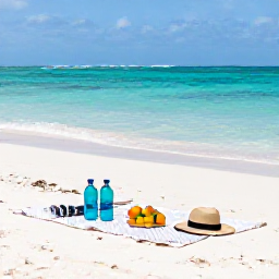 Caribbean Holidays, Bahamas Walking Holidays, A relaxed beach picnic with water bottles, fruit and hats beside a calm turquoise lagoon in the Bahamas