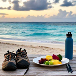 Caribbean Holidays, Bahamas Walking Holidays, A relaxed outdoor table overlooking a Bahamian beach at sunset, with walking shoes, a water bottle and a simple local meal