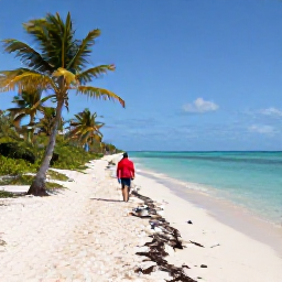 Caribbean Holidays, Bahamas Walking Holidays, A scenic coastal walking trail in the Bahamas with turquoise sea, pale sand, palm trees and a relaxed traveller exploring the shoreline