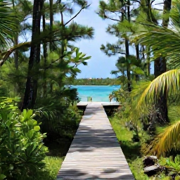 Caribbean Holidays, Bahamas Walking Holidays, A shaded tropical nature trail in the Bahamas leading through pine woodland towards a blue lagoon, with a wooden footbridge