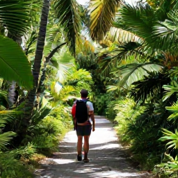 Caribbean Holidays, Bahamas Walking Holidays, A shaded tropical nature trail through Caribbean vegetation with a hiker observing birds in the Bahamas