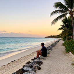 Caribbean Holidays, Bahamas Walking Holidays, A traveller resting beside a Bahamian beach trail at sunset, with calm turquoise water and a warm evening sky