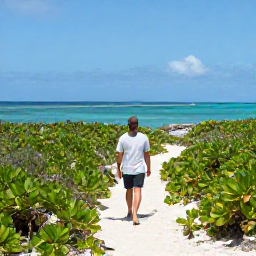Caribbean Holidays, Bahamas Walking Holidays, A walker following a natural coastal path through low green vegetation beside the clear waters of the Bahamas