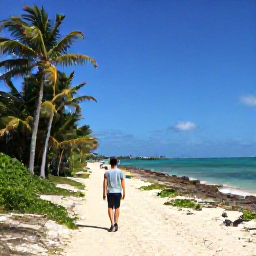 Caribbean Holidays, Bahamas Walking Holidays, A walker following a quiet sandy trail beside turquoise sea and palm trees in the Bahamas in July