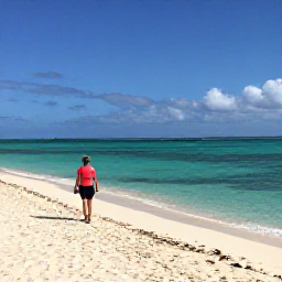 Caribbean Holidays, Bahamas Walking Holidays, A walker following a sandy coastal path beside clear turquoise water in The Bahamas, bright March sunshine and light sea breeze