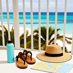 Caribbean Holidays, Bahamas Walking Holidays, Comfortable walking shoes, sun hat and water bottle beside a map of the Bahamas on a bright hotel balcony