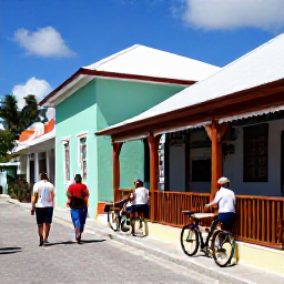 Caribbean Holidays, Bahamas Walking Holidays, Friendly walkers taking a break outside a colourful Bahamian caf&eacute; in a historic street, with bicycles, pastel buildings and tropical sunshine
