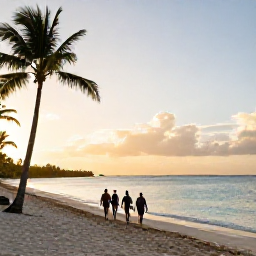 Caribbean Holidays, Bahamas Walking Holidays, Golden evening light over a peaceful Bahamian beach, with walkers silhouetted beside calm turquoise water and palm trees
