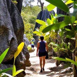 Caribbean Holidays, Bahamas Walking Holidays, Hikers exploring a shaded Bahamian nature trail with native plants, limestone rocks and sunlight filtering through trees