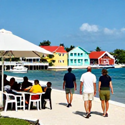 Caribbean Holidays, Bahamas Walking Holidays, Travellers relaxing at a small waterside caf&eacute; after a walk, with colourful Bahamian buildings, boats and palm trees in the background