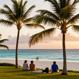 Caribbean Holidays, Bahamas Walking Holidays, Travellers resting beneath palm trees after a coastal walk, with a picnic, turquoise sea and soft golden light in The Bahamas