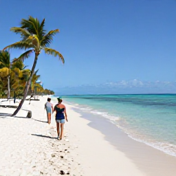 Caribbean Holidays, Bahamas Walking Holidays, Travellers walking along a peaceful beach path with palm trees, clear water and bright summer sunshine in the Bahamas