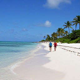 Caribbean Holidays, Bahamas Walking Holidays, Travellers walking along a quiet white-sand beach in the Bahamas, with clear shallow water and palm trees under a blue sky