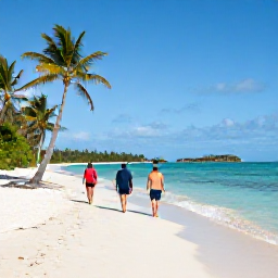 Caribbean Holidays, Bahamas Walking Holidays, Travellers walking along a quiet white-sand beach in The Bahamas, with palm trees, clear water and distant islands