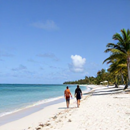 Caribbean Holidays, Bahamas Walking Holidays, Travellers walking along a quiet white-sand beach with clear blue water and palm trees in The Bahamas