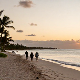 Caribbean Holidays, Bahamas Walking Holidays, Visitors walking along a deserted Bahamian beach at sunset, with calm sea, soft golden light and palm trees