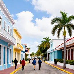 Caribbean Holidays, Bahamas Walking Holidays, Visitors walking along a historic street in Nassau with pastel buildings, palms and colonial architecture