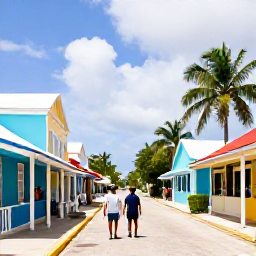 Caribbean Holidays, Bahamas Walking Holidays, Visitors walking through a colourful Bahamian village street with pastel buildings, local shops and palm trees