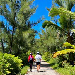 Caribbean Holidays, Bahamas Walking Holidays, Visitors walking through a green Bahamian nature reserve with pine trees, tropical plants and bright blue sky