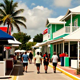 Caribbean Holidays, Bahamas Walking Holidays, Visitors walking through a historic Bahamian town with colourful buildings, palms and local shops in warm June sunshine