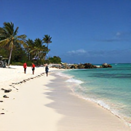 Caribbean Holidays, Bahamas Walking Holidays, Walkers exploring a quiet white-sand beach with clear shallow water, palm trees and rocky shoreline on a Bahamian island