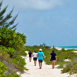 Caribbean Holidays, Bahamas Walking Holidays, Walkers following a sandy path through low tropical vegetation towards a peaceful Bahamian beach
